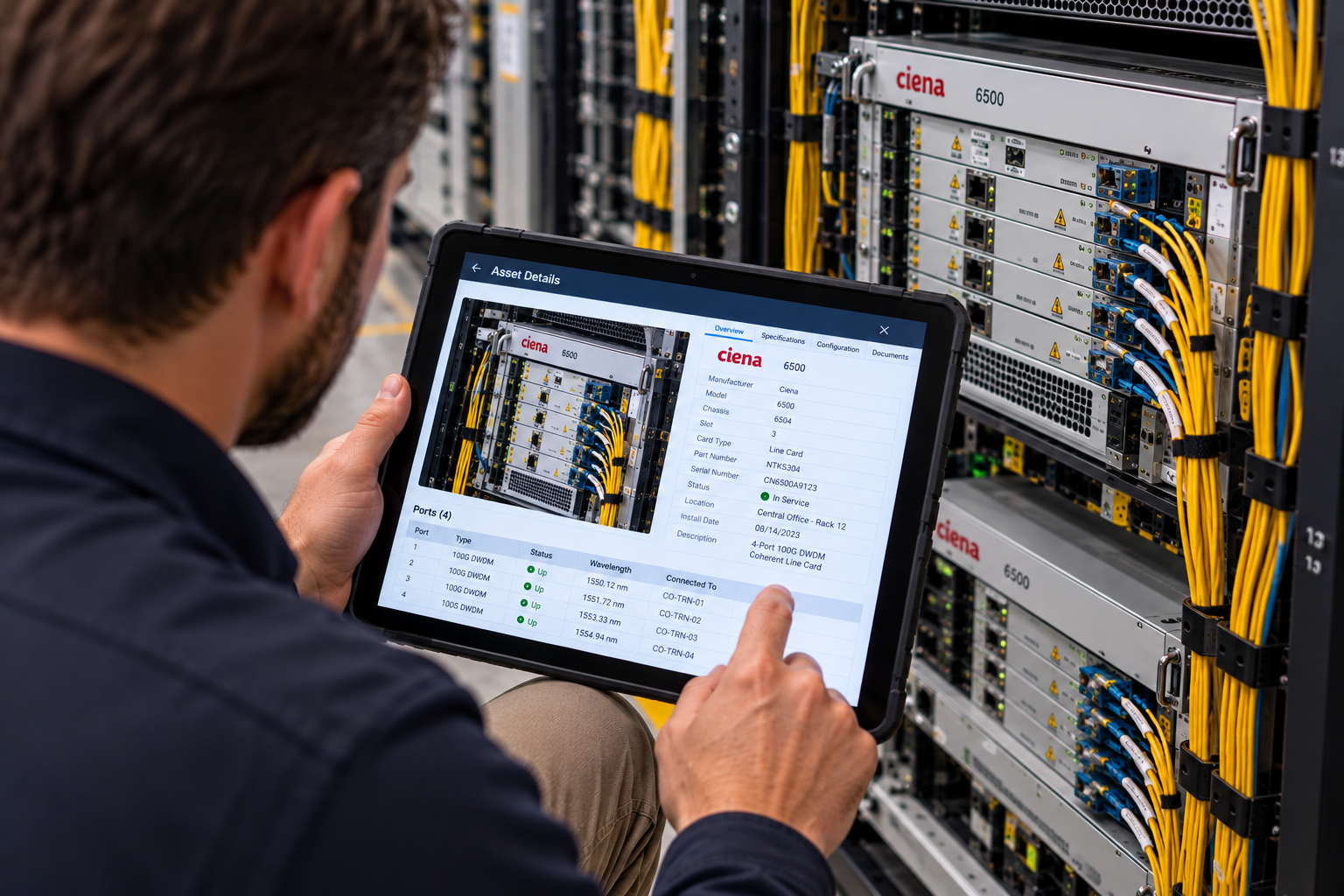 Technician working with telecommunications equipment
